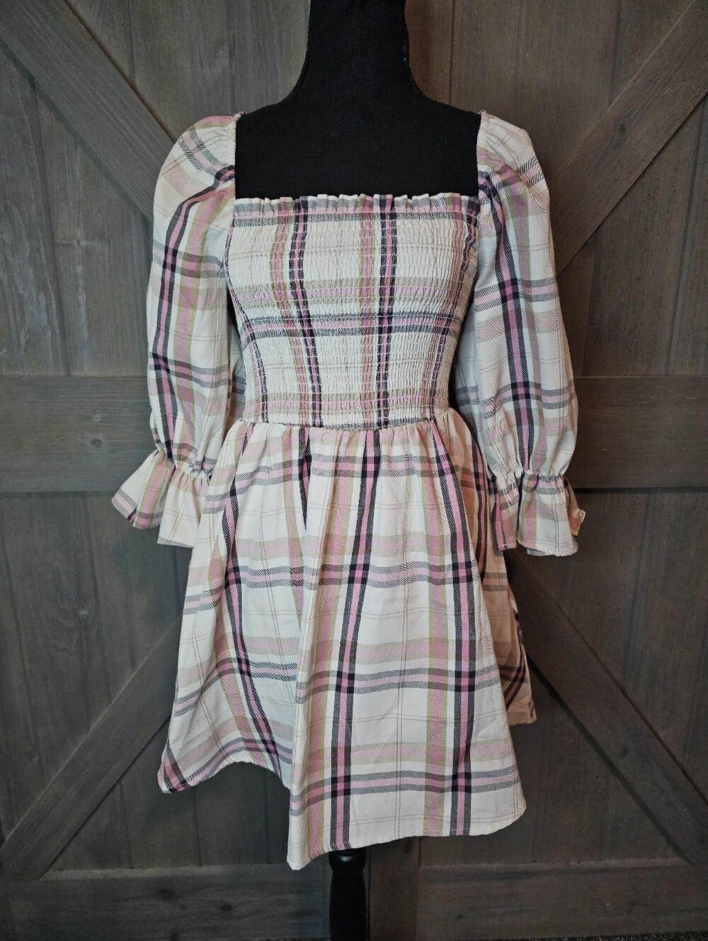 Audrey Parks x Francesca's Plaid Smocked Square Neck Dress sz Medium